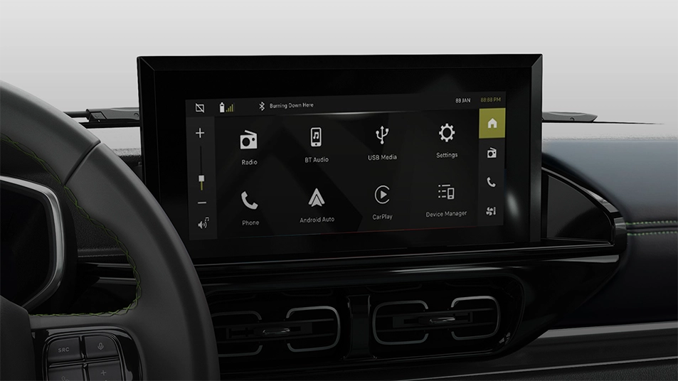Central Multimídia de 10” Central multimídia de 10 polegadas do Citroën C3 exibindo ícones de rádio, telefone, conectividade, mídia e configurações.
