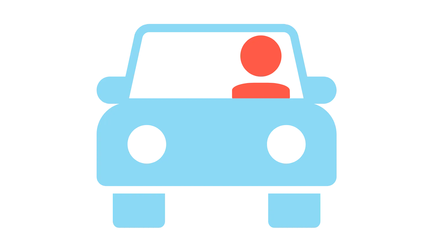 Imagem gráfica de um carro na cor azul com uma pessoa condutora dirigindo, na cor laranja.