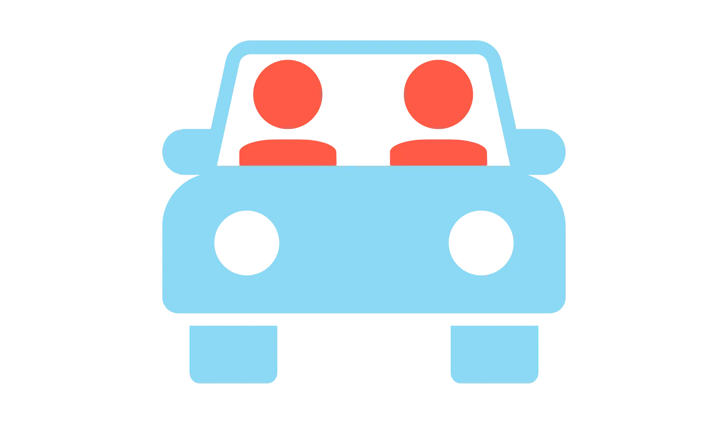 Imagem gráfica de um carro na cor azul com duas pessoas na cor laranja dentro da cabine,&nbsp;indicando a pessoa condutora dirigindo e a pessoa com deficiência no banco ao lado.